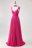 Fuchsia A Line converteerbare chiffon bruidsmeisjesjurk met split