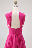 Fuchsia A Line converteerbare chiffon bruidsmeisjesjurk met split