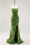 Strapless Pauw Groen Korset Burnout Velvet Bruidsmeisje Jurk met Split