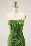 Strapless Pauw Groen Korset Burnout Velvet Bruidsmeisje Jurk met Split