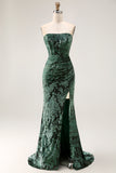 Strapless Pauw Groen Korset Burnout Velvet Bruidsmeisje Jurk met Split