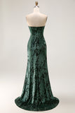 Strapless Pauw Groen Korset Burnout Velvet Bruidsmeisje Jurk met Split