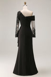 Zwarte schede met lange mouwen gerimpeld plusmaat Mother of the Bride jurk
