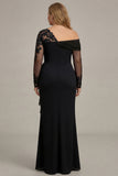 Zwarte schede met lange mouwen gerimpeld plusmaat Mother of the Bride jurk