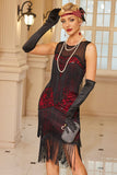 Glitterende abrikozen-gefraneerde bodycon korte jurk uit de jaren 1920 met pailletten
