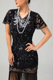 Zwart rood gefranjerde jaren 1920 pailletten Flapper jurk