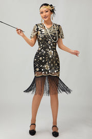 Zwarte Golden Gatsby pailletten jaren 1920 jurk met franjes