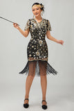 Zwarte Golden Gatsby pailletten jaren 1920 jurk met franjes