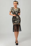 Zwart rood gefranjerde jaren 1920 pailletten Flapper jurk