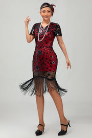 Zwart rood gefranjerde jaren 1920 pailletten Flapper jurk