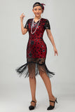 Zwart rood gefranjerde jaren 1920 pailletten Flapper jurk