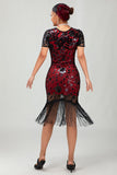 Zwart rood gefranjerde jaren 1920 pailletten Flapper jurk