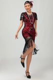 Zwart rood Bodycon gefranjerde pailletten 1920s jurk met 5-delige accessoires set