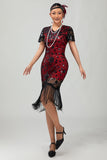 Zwart rood gefranjerde jaren 1920 pailletten Flapper jurk