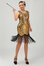 Sprankelende zwarte gouden V-hals Bodycon jaren 1920 jurk met franjes