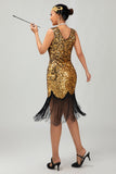 Sprankelende zwarte gouden V-hals Bodycon jaren 1920 jurk met franjes