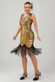 Sprankelende zwarte gouden bodycon gefranjerde jaren 1920 jurk met 5-delige accessoires set