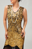 Sprankelende zwarte gouden bodycon gefranjerde jaren 1920 jurk met 5-delige accessoires set