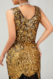 Sprankelende zwarte gouden V-hals Bodycon jaren 1920 jurk met franjes