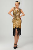 Sprankelende zwarte gouden V-hals Bodycon jaren 1920 jurk met franjes