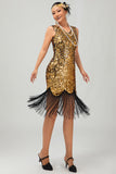 Sprankelende zwarte gouden bodycon gefranjerde jaren 1920 jurk met 5-delige accessoires set