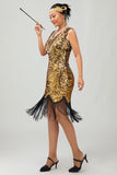 Sprankelende zwarte gouden V-hals Bodycon jaren 1920 jurk met franjes