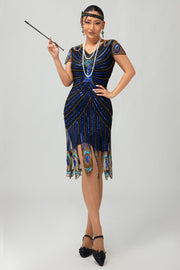 Pailletten zwart blauwe jaren 1920 Bodycon Gatsby jurk met korte mouwen