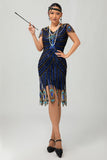Pailletten zwart blauwe jaren 1920 Bodycon Gatsby jurk met korte mouwen