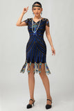 Pailletten zwart blauwe jaren 1920 Bodycon Gatsby jurk met korte mouwen