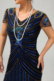 Pailletten zwart blauwe jaren 1920 Bodycon Gatsby jurk met korte mouwen