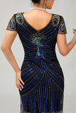 Pailletten zwart blauwe jaren 1920 Bodycon Gatsby jurk met korte mouwen