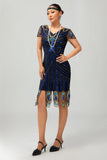 Pailletten zwart blauwe jaren 1920 Bodycon Gatsby jurk met korte mouwen