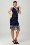 Pailletten zwart blauwe jaren 1920 Bodycon Gatsby jurk met korte mouwen