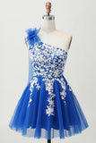 Koningsblauwe A-lijn One Shoulder Tulle Homecoming Jurk met Vetersluiting Aan de Achterkant
