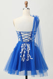 Koningsblauwe A-lijn One Shoulder Tulle Homecoming Jurk met Vetersluiting Aan de Achterkant