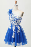 Koningsblauwe A-lijn One Shoulder Tulle Homecoming Jurk met Vetersluiting Aan de Achterkant