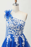 Koningsblauwe A-lijn One Shoulder Tulle Homecoming Jurk met Vetersluiting Aan de Achterkant