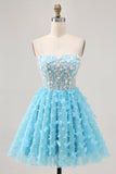 Blauwe A Line Appliques Butterfly Korset Korte Homecoming Jurk