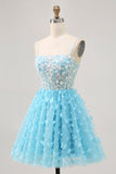 Blauwe A Line Appliques Butterfly Korset Korte Homecoming Jurk