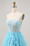 Blauwe A Line Appliques Butterfly Korset Korte Homecoming Jurk