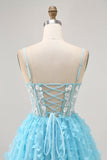 Blauwe A Line Appliques Butterfly Korset Korte Homecoming Jurk
