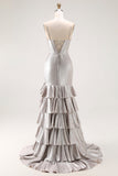 Grijze zeemeermin kralen korset gelaagde geplooide lange galajurk met split