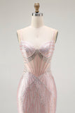 Blush Mermaid Korset Kralen Lange Galajurk met Vetersluiting Aan de Achterkant