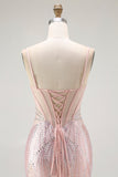 Blush Mermaid Korset Kralen Lange Galajurk met Vetersluiting Aan de Achterkant