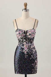 Sprankelende zwarte roze bloem Bodycon korset korte Homecoming jurk met pailletten
