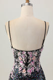 Sprankelende zwarte roze bloem Bodycon korset korte Homecoming jurk met pailletten