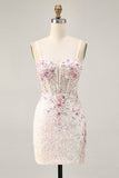 Sprankelende zwarte roze bloem Bodycon korset korte Homecoming jurk met pailletten