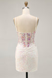Sprankelende zwarte roze bloem Bodycon korset korte Homecoming jurk met pailletten