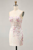 Sprankelende zwarte roze bloem Bodycon korset korte Homecoming jurk met pailletten