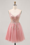 Sparkly Blush A-lijn Tule Pailletten Korte Homecoming Jurk met Vetersluiting Aan de Achterkant